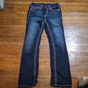 True Religion Mid Rise  Dark Wash Bootcut Jeans with Pink Contrast Stitching